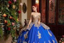 Cargar imagen en el visor de la galería, Vestido Azul Rey y Dorado con Manga Caída para Quinceañeras