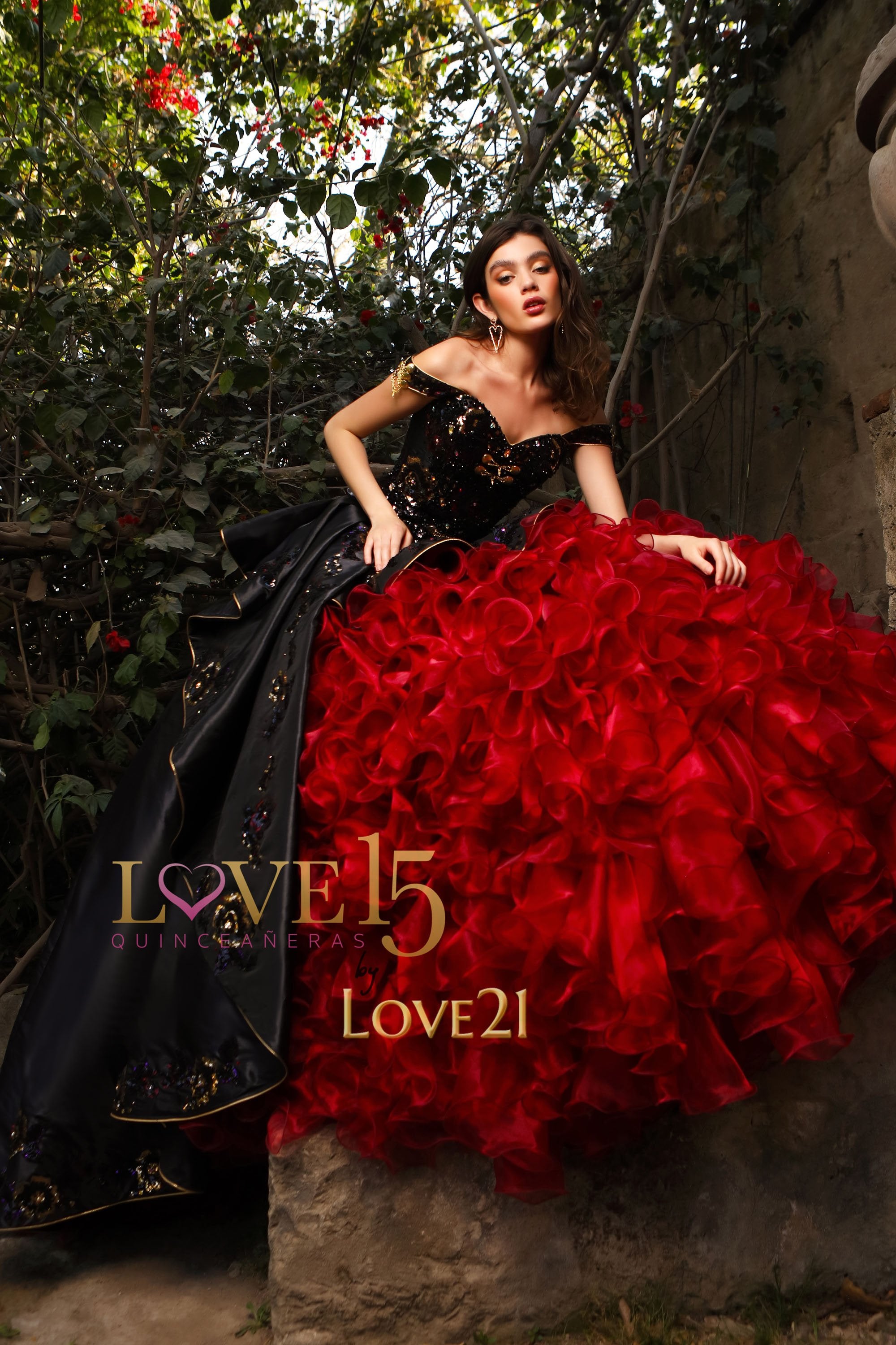 Luna vocal Perdido Vestido para XV Negro con Rojo tipo Flamenco – Vestidos de XV