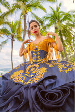 Cargar imagen en el visor de la galería, Vestido Mexicano Azul Rey con Dorado para Quinceañera