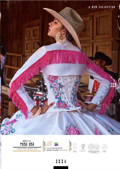 Vestido Blanco con FIusha Rosa Mexicano tipo Charro , Vaquero . Coleccion Pioneer 2025