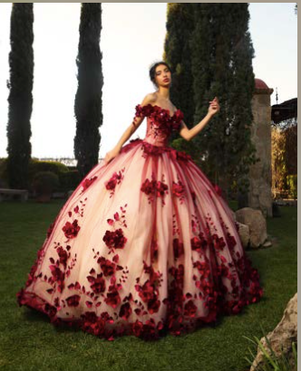 Vestido  de XV Color Ivory, Vino, Azul, Verde, Negro,  Lila Celeste , Marino  con Flores Rosas en 3D (Copia)