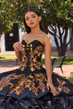 Cargar imagen en el visor de la galería, Vestido Negro con Dorado tipo Charro para tus Quince Años
