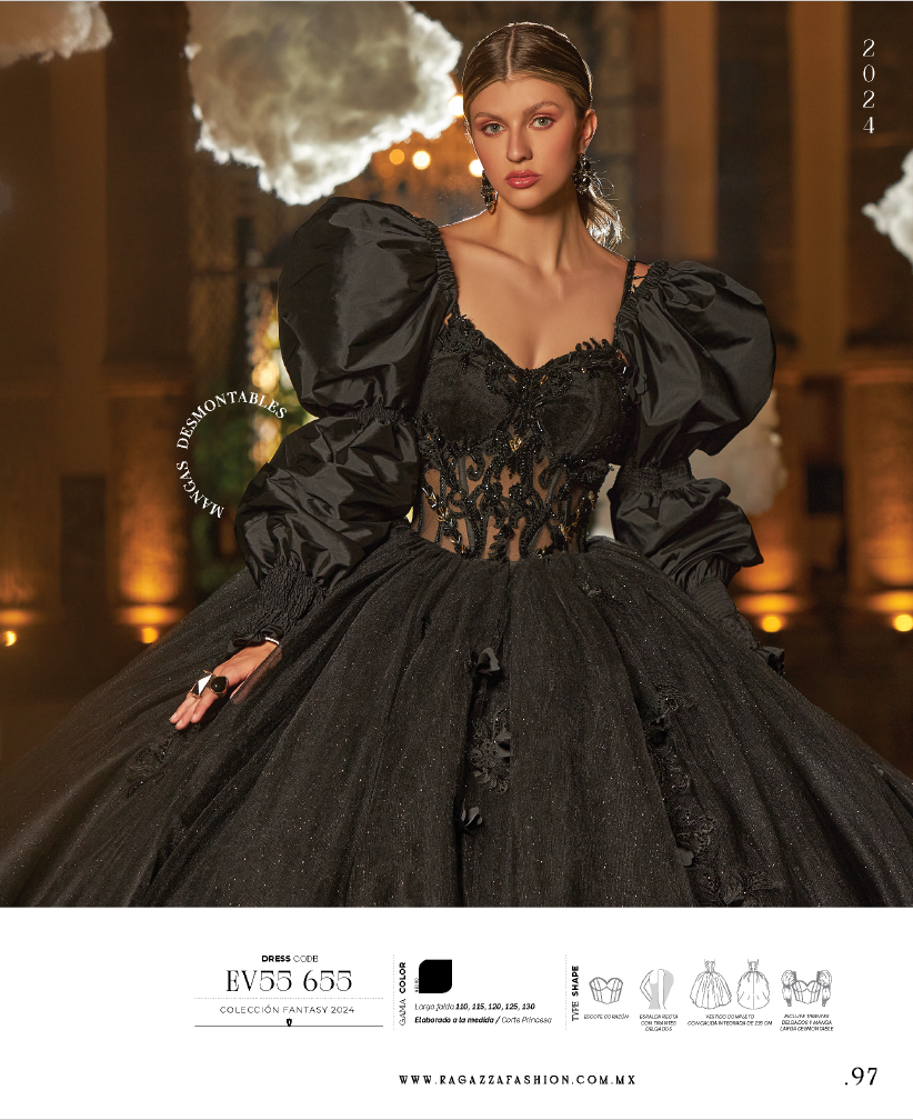 Vestido Negro con Transparencia y Mangas para Quinceanera Vestidos de XV