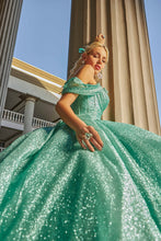 Cargar imagen en el visor de la galería, Vestido Sague o Verde Turqueza Suave. Tirantes caídos para Quinceañeras.
