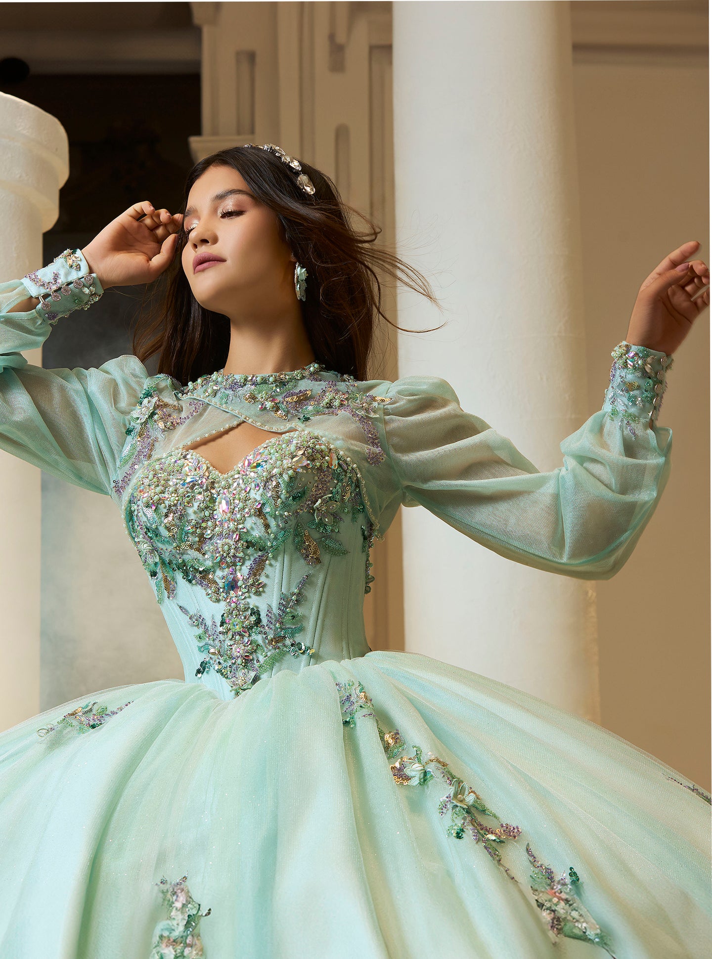 Vestido para Quinceañera con manga larga desmontable Tono Menta