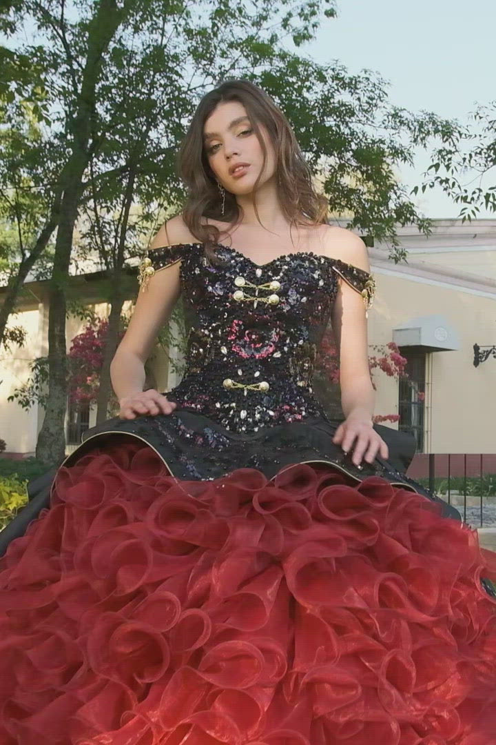 Luna vocal Perdido Vestido para XV Negro con Rojo tipo Flamenco – Vestidos de XV