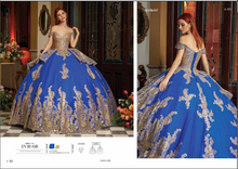 Cargar imagen en el visor de la galería, Vestido Azul Rey y  Dorado con Manga Caída para Quinceañeras
