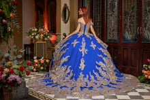 Cargar imagen en el visor de la galería, Vestido Azul Rey y  Dorado con Manga Caída para Quinceañeras
