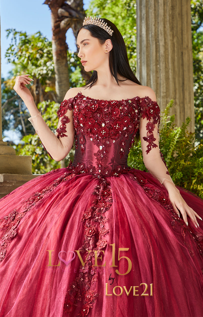 Vestido Vino con Manga Larga Caida al Hombro para Quinceañeras